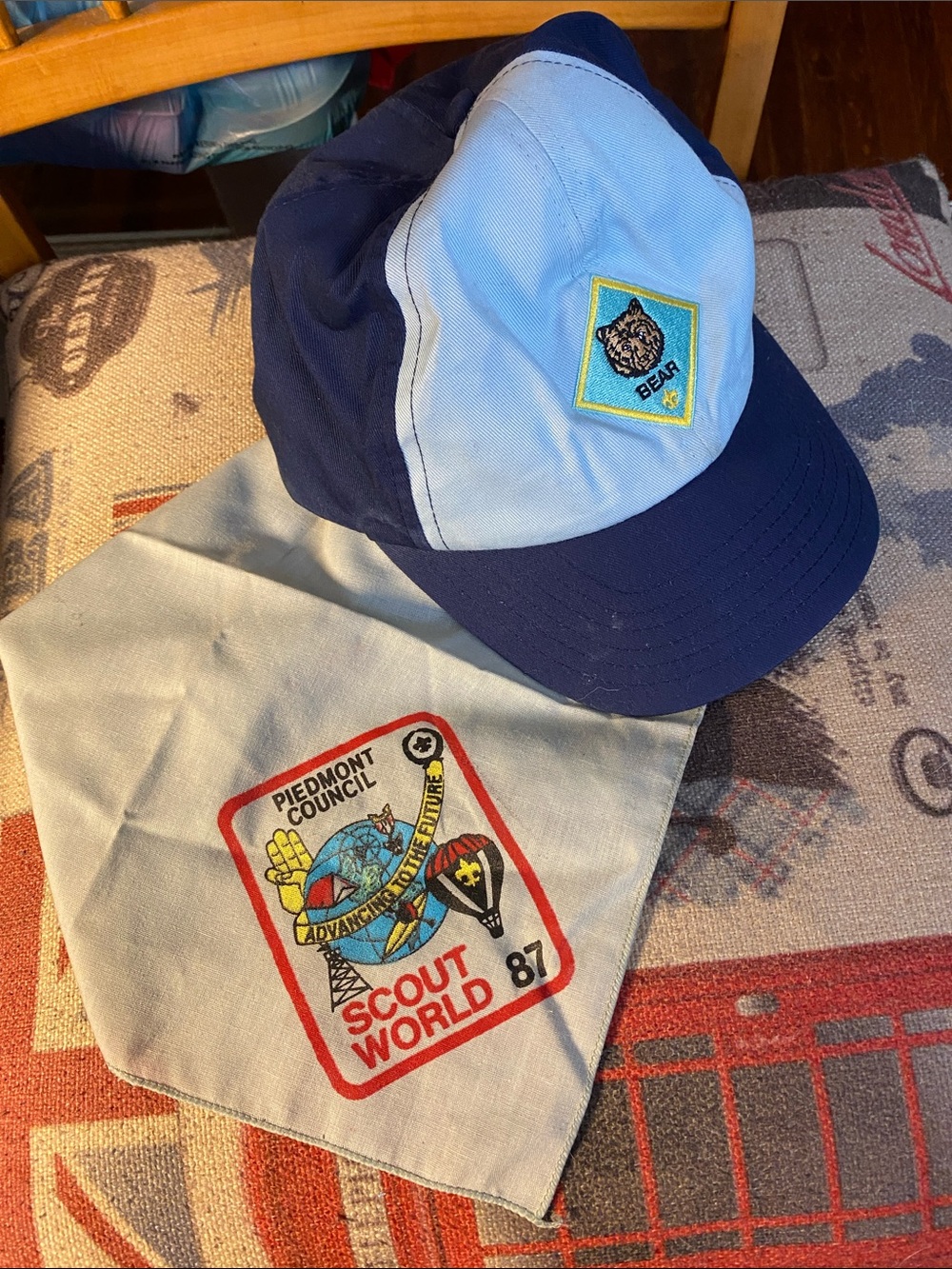 Boy Scouts of America neckerchief from the Piedmont Council's 1987 "Scout World"